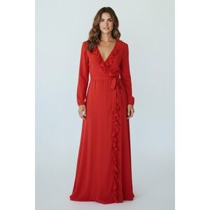 NWT GOAT 100% Silk Hollywood Red Crepe De Chine Ruffle Wrap Maxi Dress Tie 6